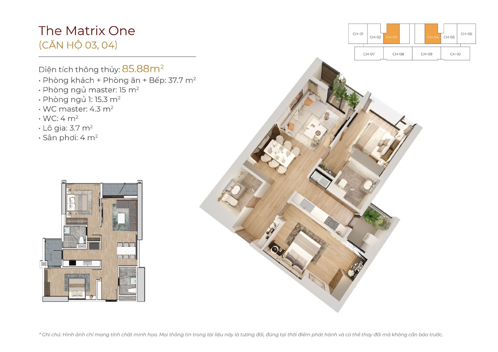 Thiết kế căn hộ 03 và 04 (Diện tích Thông thủy: 85.88m2)